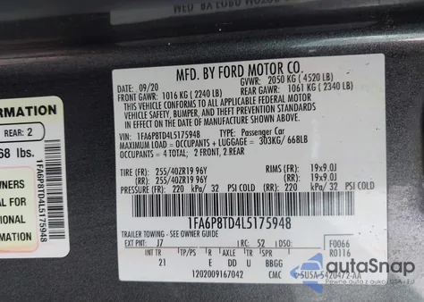 2020 Ford Mustang Ecoboost Fastback z USA, uszkodzony, nr VIN 1FA6P8TD4L5175948